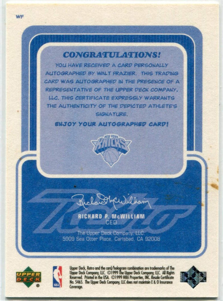Walt Frazier 1999 - 2000 Upper Deck Inkredible AUTO Card #WF