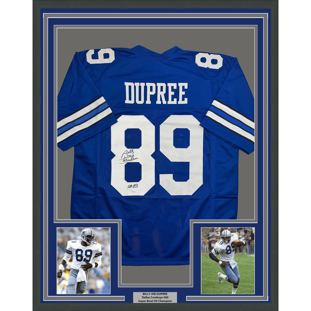 Framed Autographed Billy Joe DuPree 35x39 SB XII Dallas Blue Jersey JSA COA
