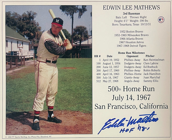 Eddie/Ed Mathews signed Braves 500th HR 7/14/67 8x10 Photo/Card w/ HOF '78 - COA