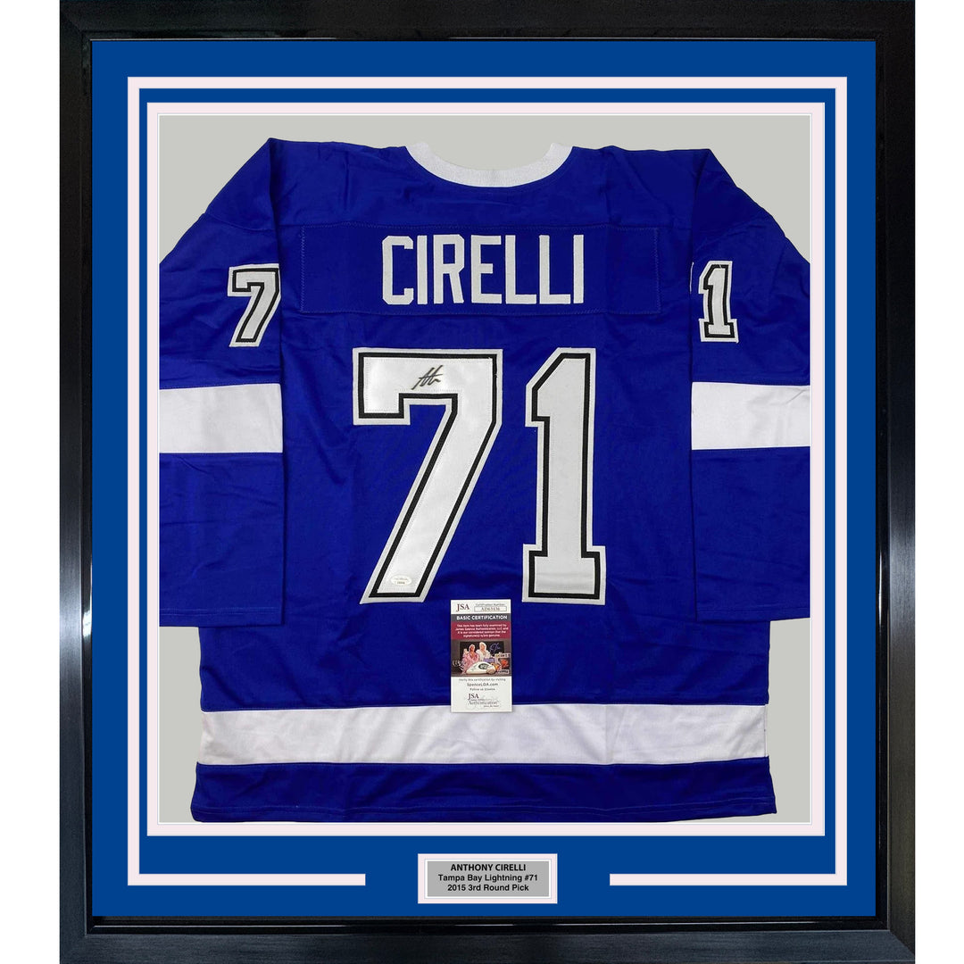 Framed Autographed/Signed Anthony Cirelli 33x42 Tampa Bay Blue Jersey JSA COA