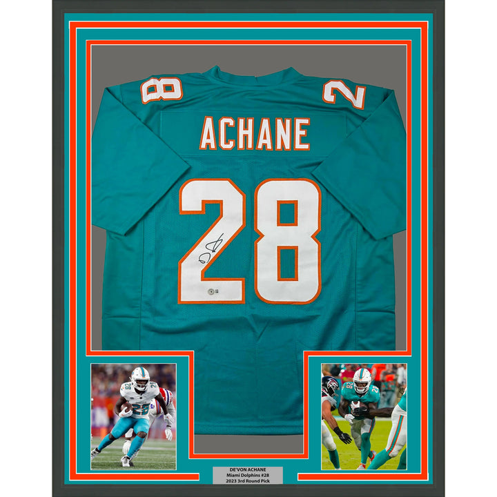 Framed Autographed/Signed De’Von DeVon Achane 33x42 Miami Teal Jersey BAS COA