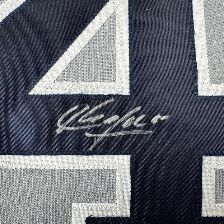 Framed Autographed/Signed Aroldis Chapman 33x42 New York Grey Jersey BAS COA
