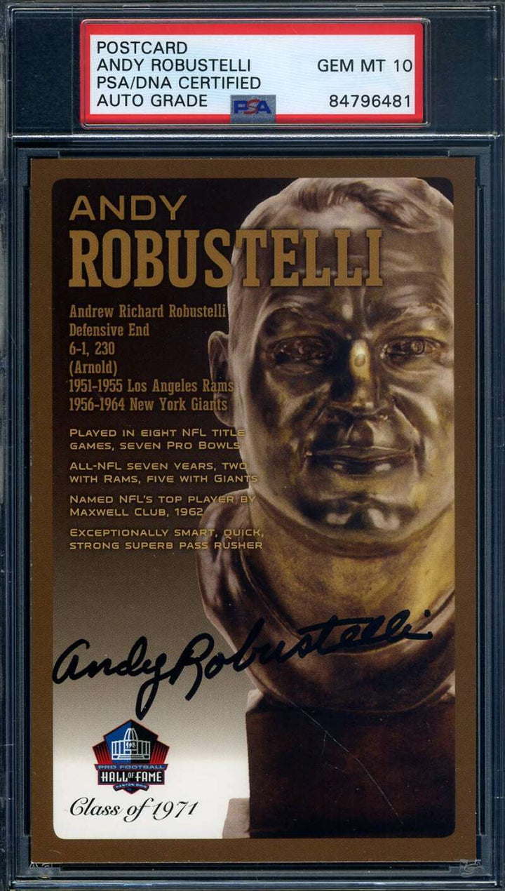 Andy Robustelli Gem Mint 10 PSA DNA Signed HOF Bronze Bust Postcard Autographed