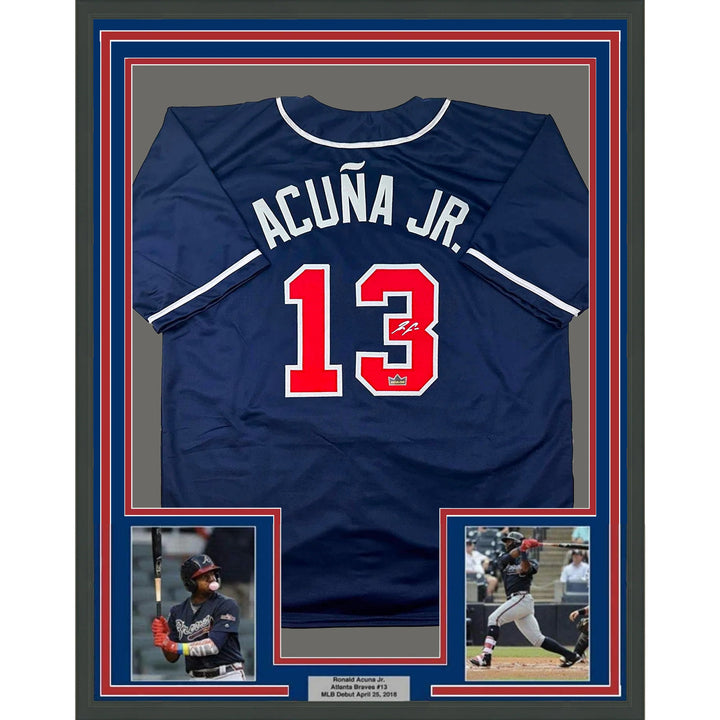 Framed Facsimile Autographed Ronald Acuna Jr. 33x42 Reprint Laser Auto Jersey