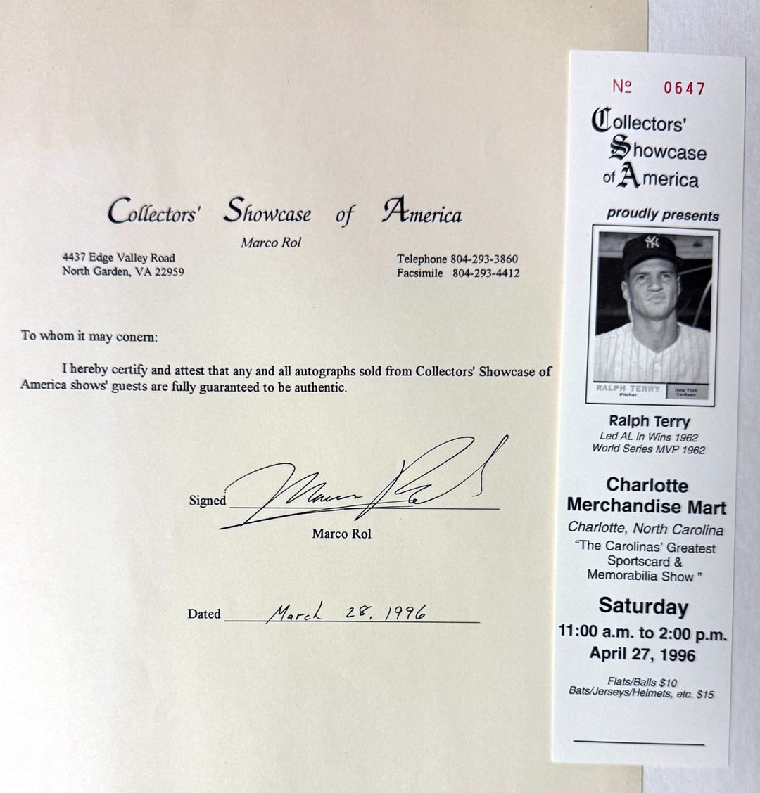 Ralph Terry signed New York Yankees MLB 8x10 Photo Framed-COA/Ticket (62 WS MVP)