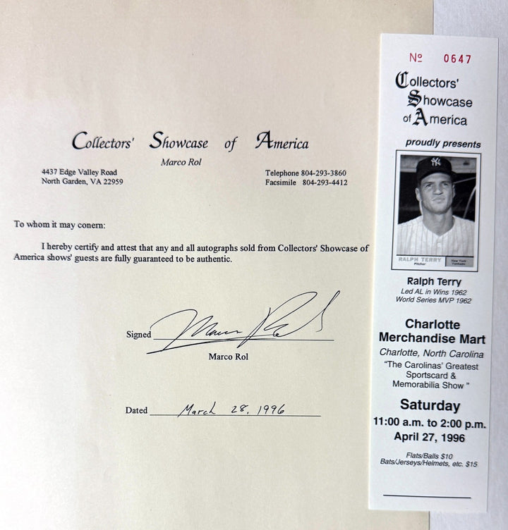 Ralph Terry signed New York Yankees MLB 8x10 Photo Framed-COA/Ticket (62 WS MVP)