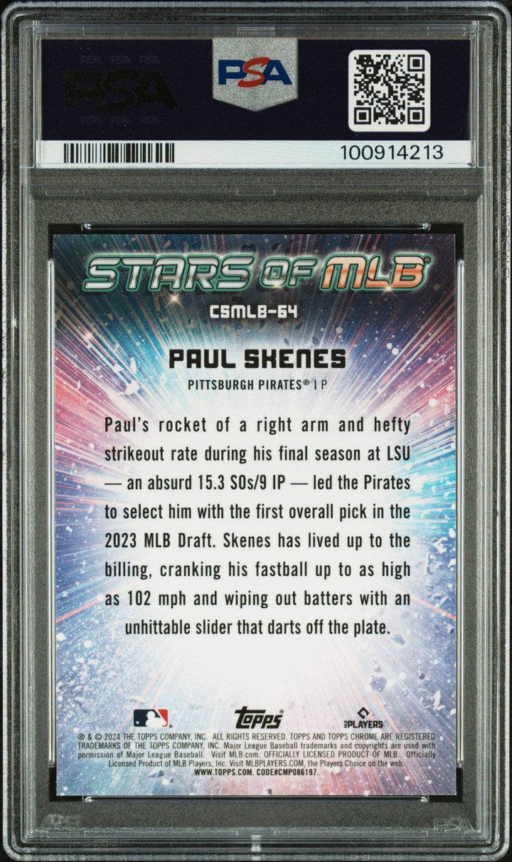 Graded 2024 Topps Paul Skenes #CSMLB64 Stars of MLB Chrome Baseball Card PSA 10
