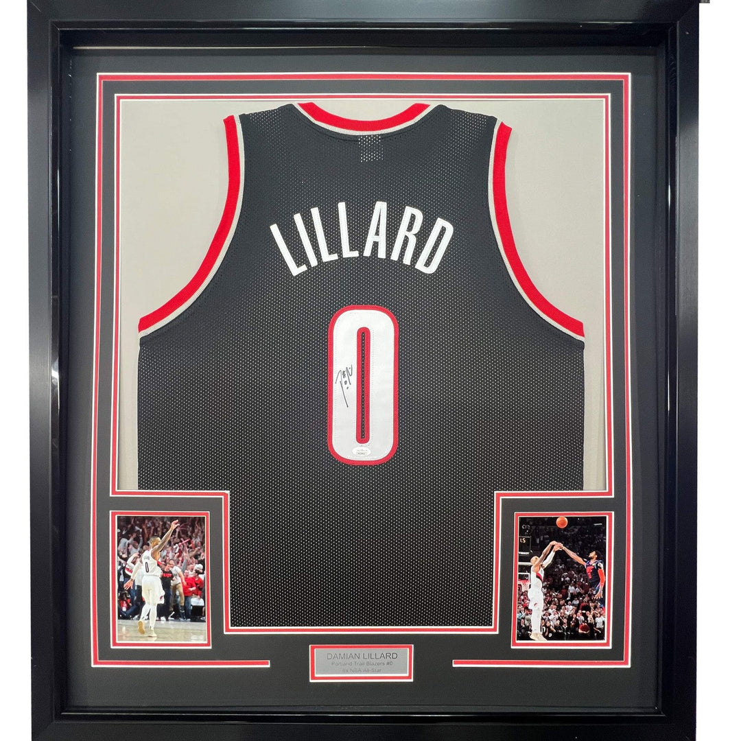 Framed Autographed/Signed Damian Lillard 33x42 Portland Black Jersey JSA COA