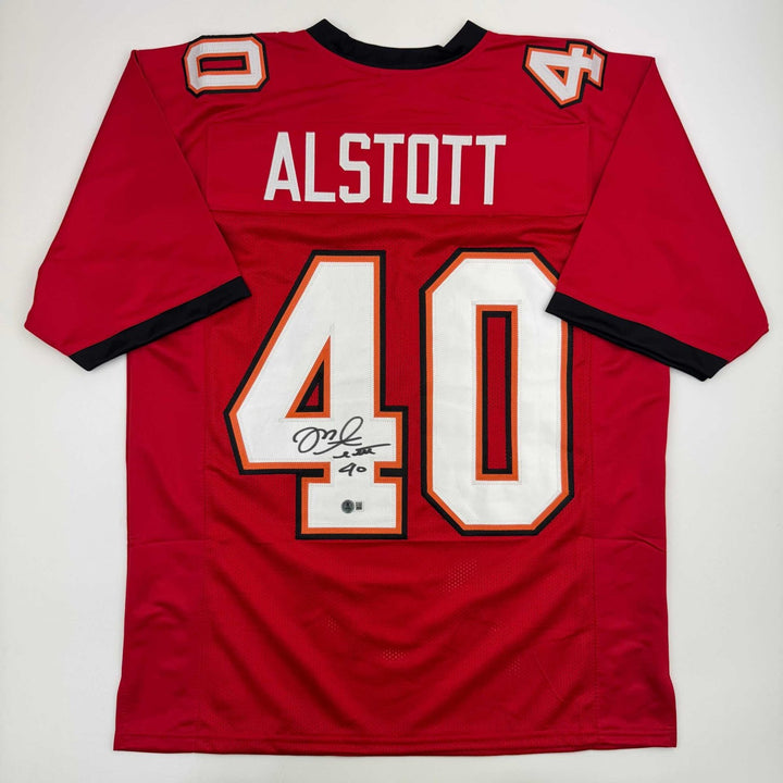 Autographed/Signed Mike Alstott Tampa Bay Red Jersey Beckett BAS COA