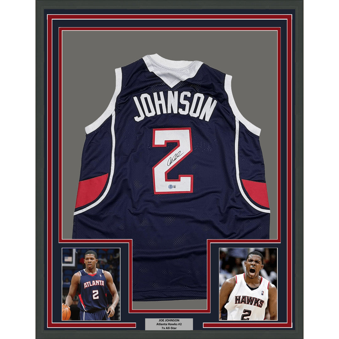 Framed Autographed Joe Johnson 35x39 Atlanta Blue Basketball Jersey BAS COA
