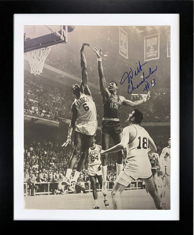Wilt Chamberlain  Signed Philadelphia 76ers 16x20 Photo 13 FRAMED vs Russell-PSA