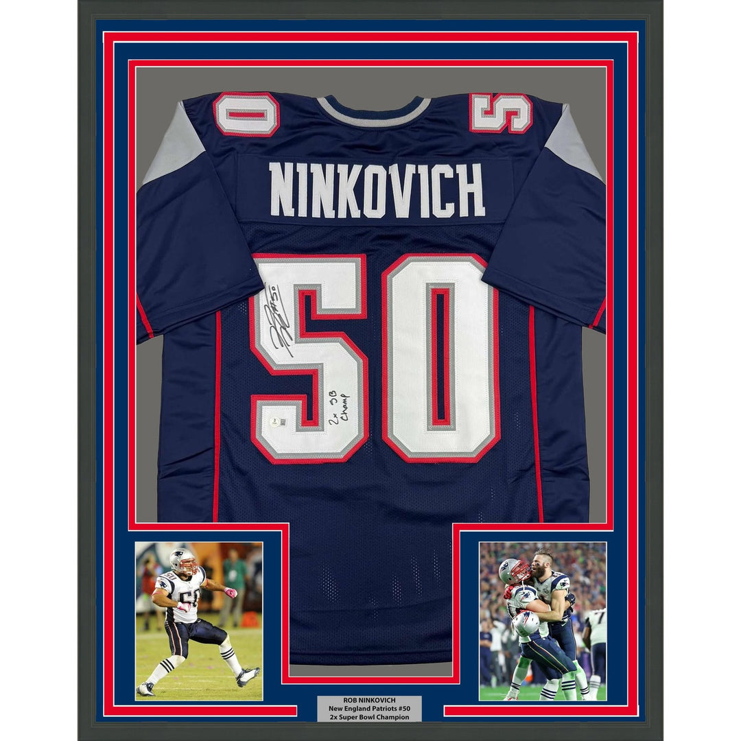 Framed Autographed/Signed Rob Ninkovich 35x39 New England Blue Jersey COA