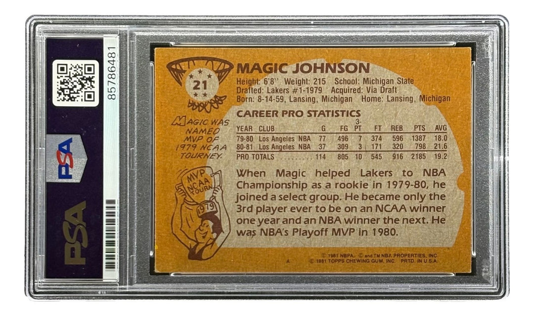Magic Johnson Signed On Card 1981 Topps #21 Lakers Trading Card PSA