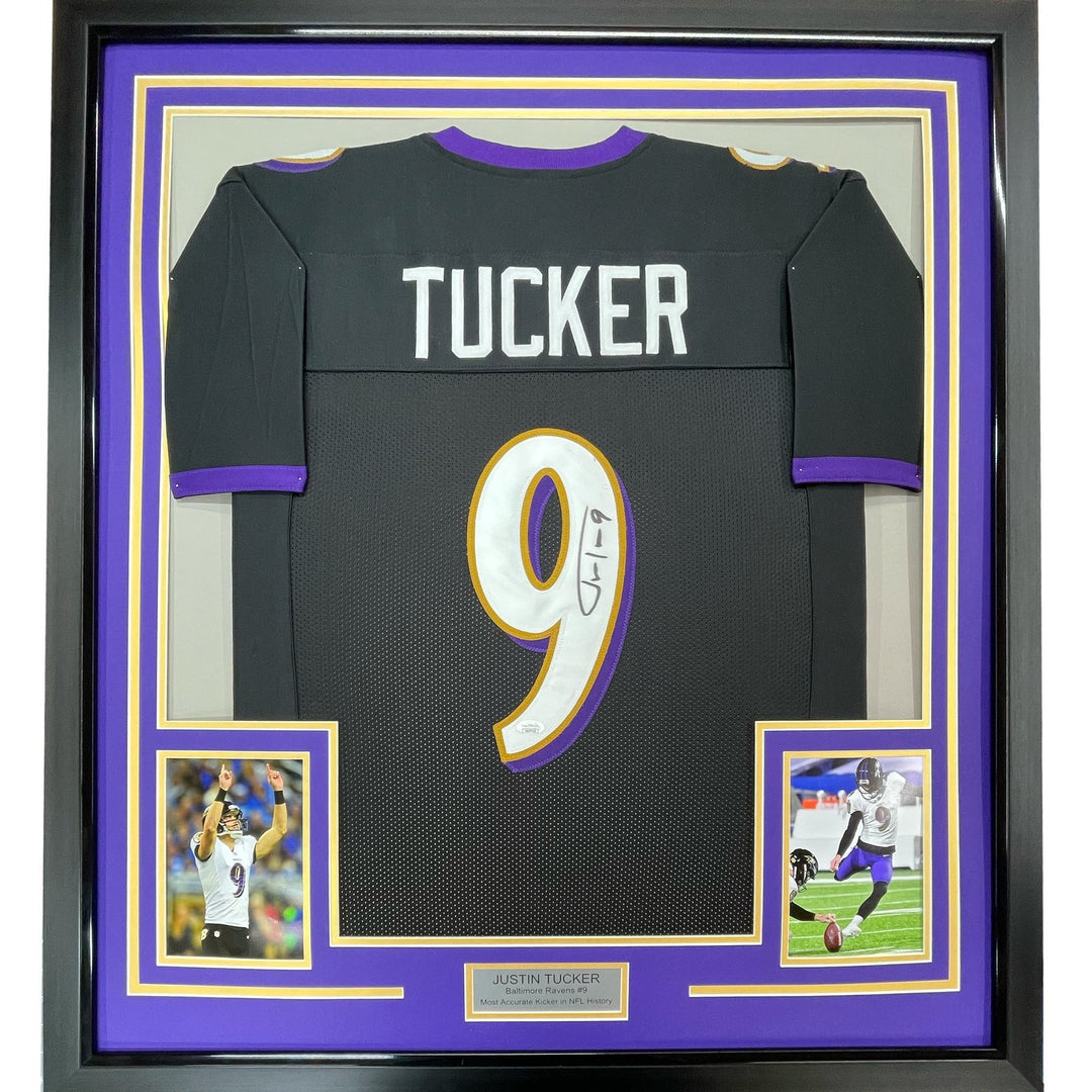 Framed Signed Justin Tucker 35x39 Baltimore Black Jersey JSA COA