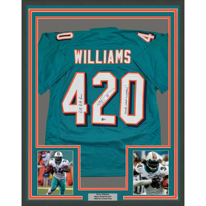 Framed Autographed/Signed Ricky Williams 35x39 Smoke Weed #420 Jersey COA