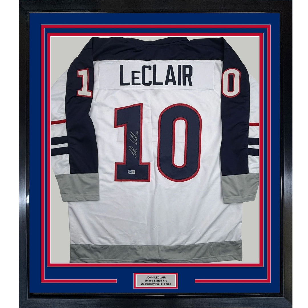 Framed Autographed/Signed John LeClair 35x39 USA White Jersey Beckett COA
