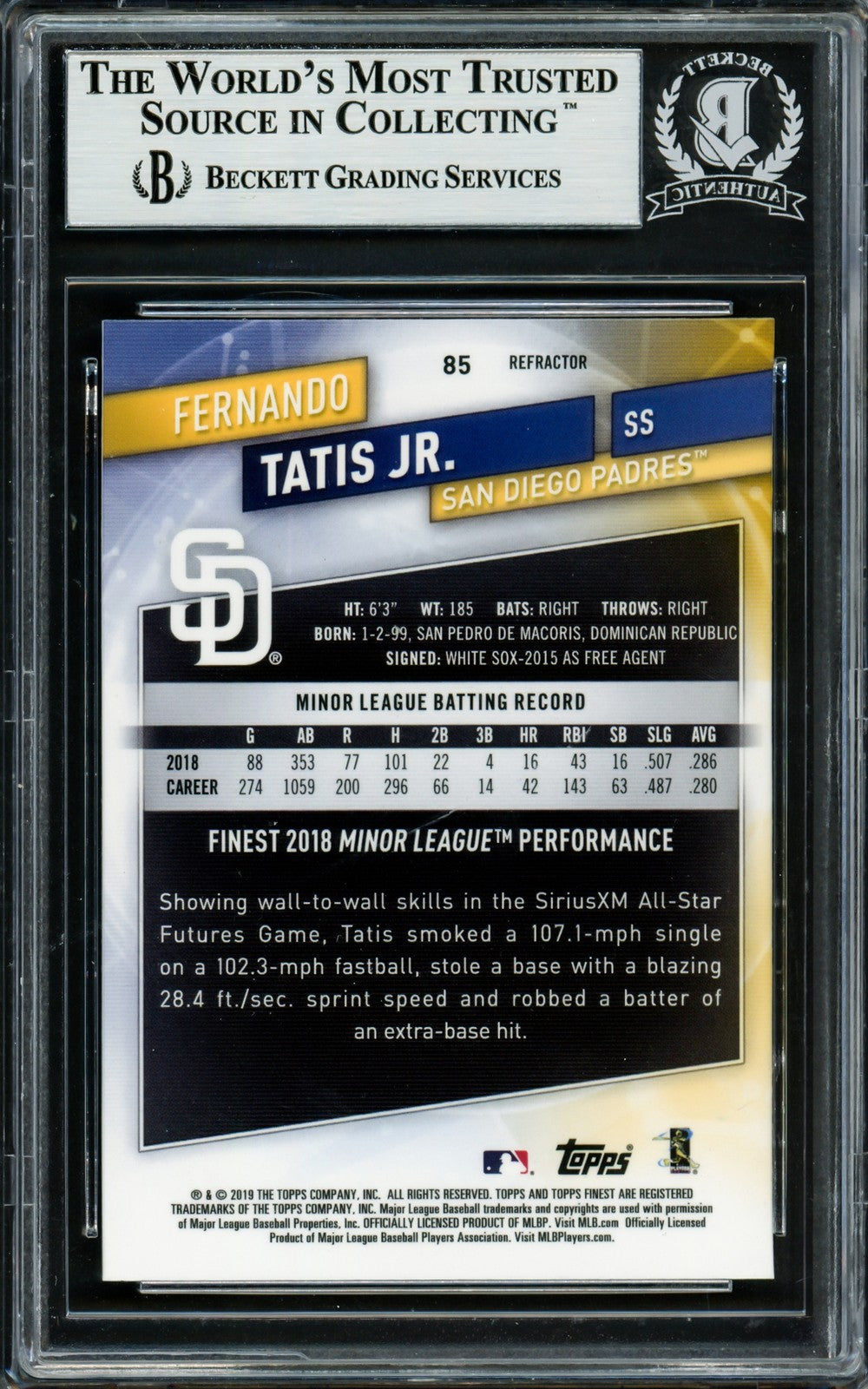 Fernando Tatis Jr. Signed 2019 Topps Finest Refractors RC #85 San Diego Padres