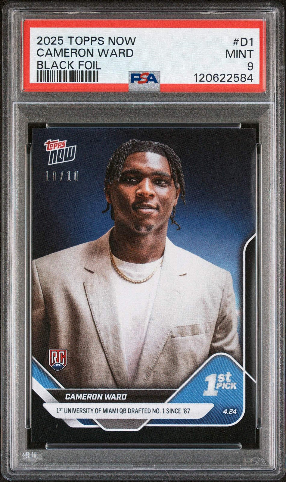 Graded 2025 Topps Now Cam Ward #D1 Black Foil /10 Rookie RC Football Card PSA 9