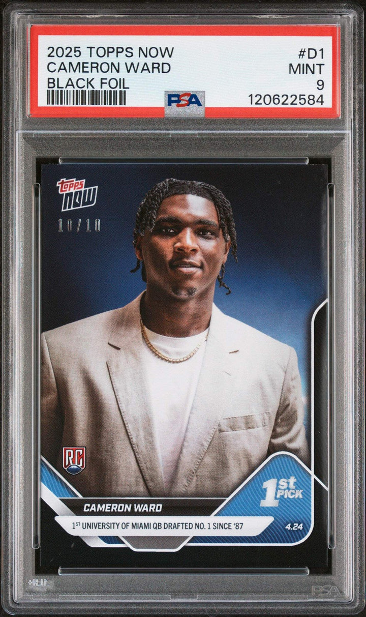 Graded 2025 Topps Now Cam Ward #D1 Black Foil /10 Rookie RC Football Card PSA 9