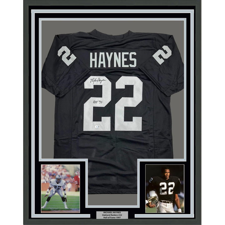 Framed Autographed/Signed Michael Haynes 35x39 HOF Oakland Black Jersey COA