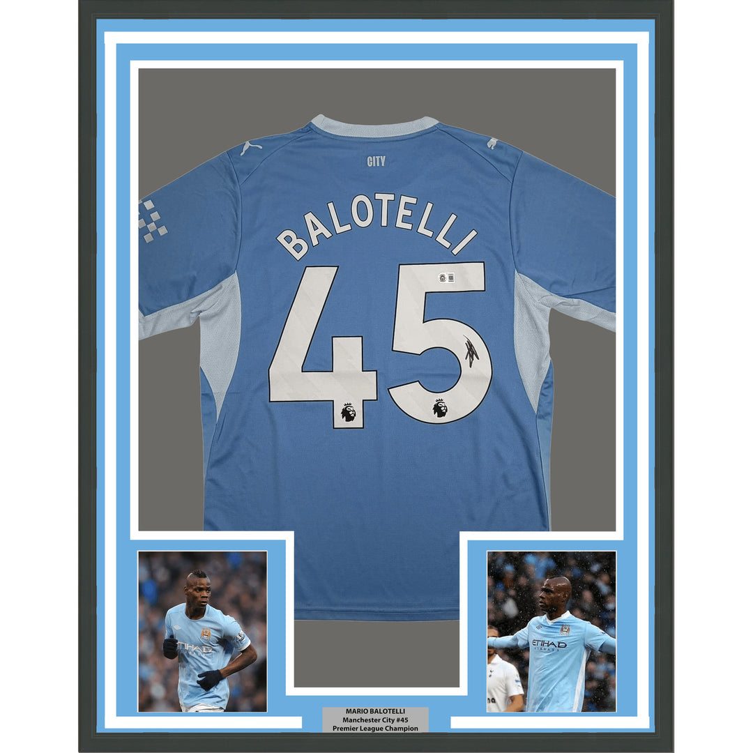 Framed Signed Mario Balotelli 35x39 Manchester City Blue Jersey Beckett COA