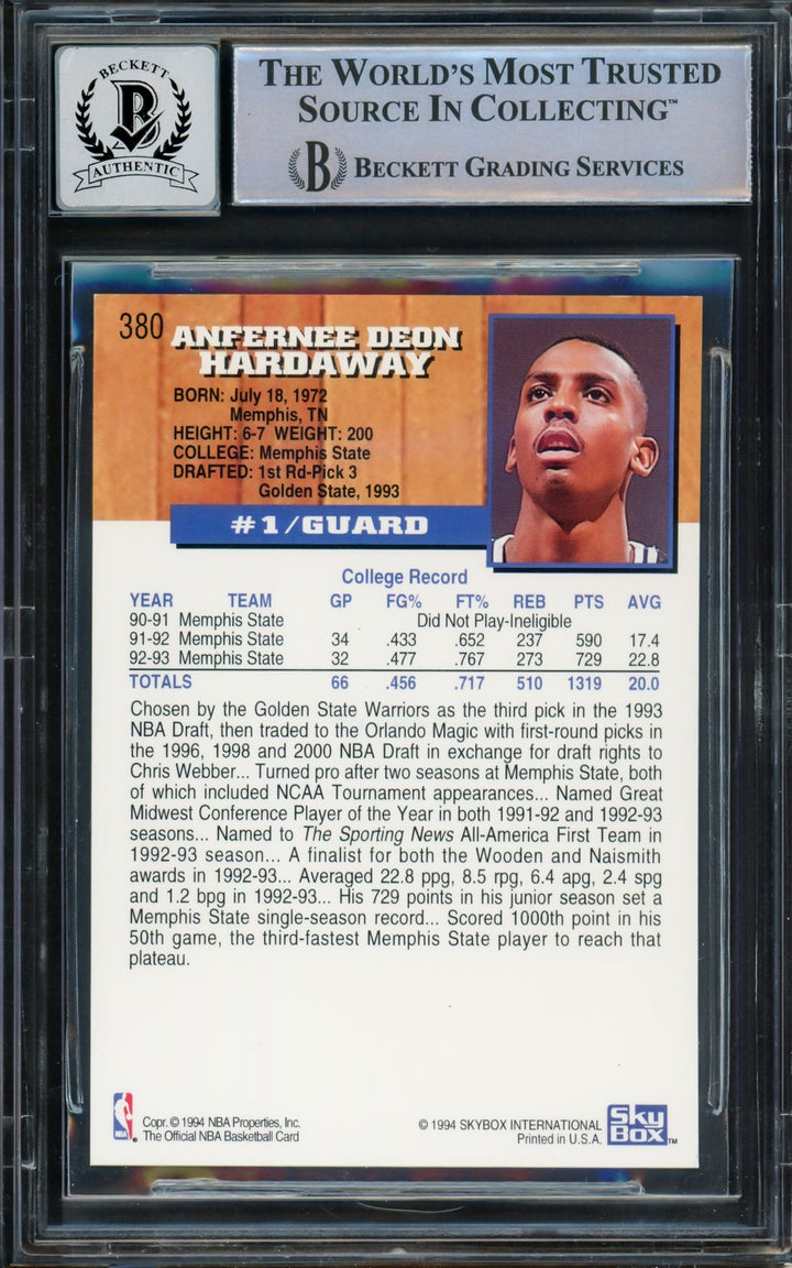 Anfernee Hardaway Signed 1993-94 Hoops RC 380 Orlando Magic Auto GM 10 Beckett