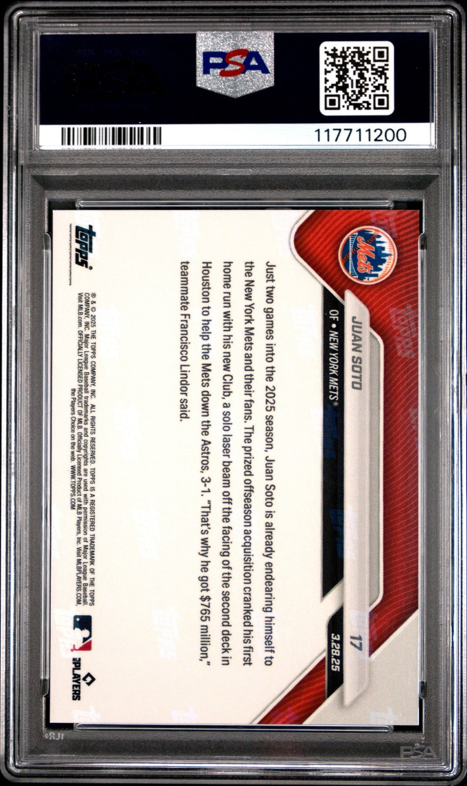 Graded 2025 Topps Now Juan Soto #17 Baseball Card PSA 10 Gem Mint