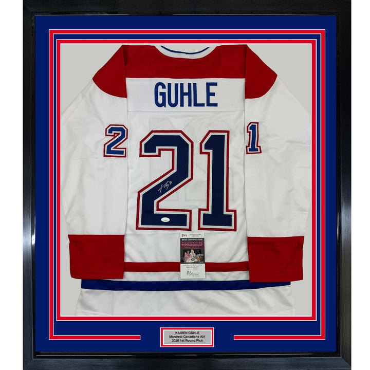 Framed Autographed/Signed Kaiden Guhle 35x39 Montreal White Jersey JSA COA