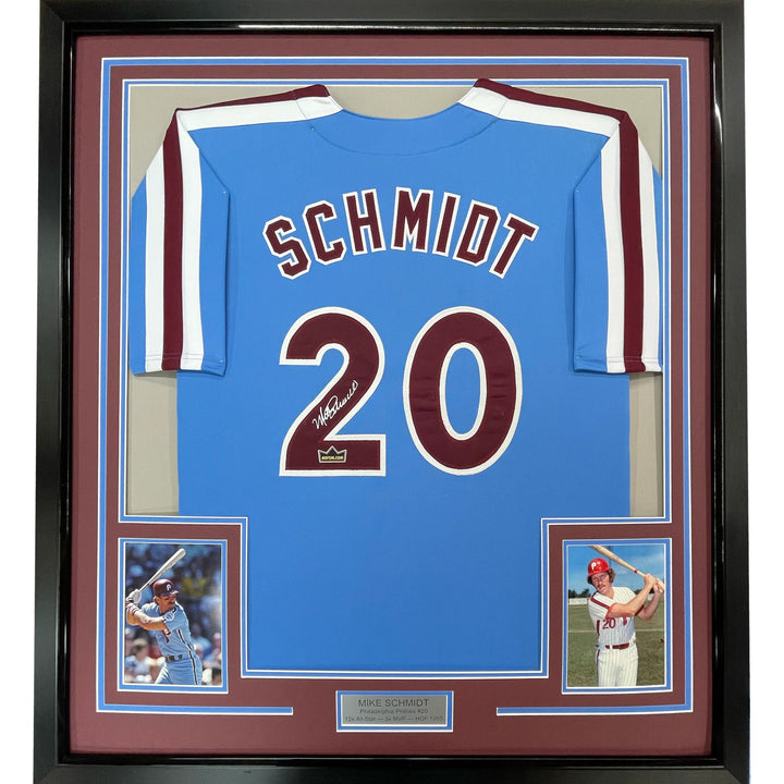 Framed Facsimile Autographed Mike Schmidt 33x42 Blue Reprint Laser Auto Jersey