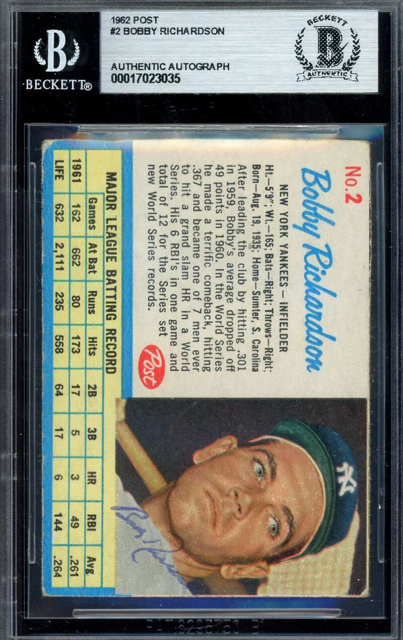 Bobby Richardson Beckett BAS Signed 1962 Post Autograph