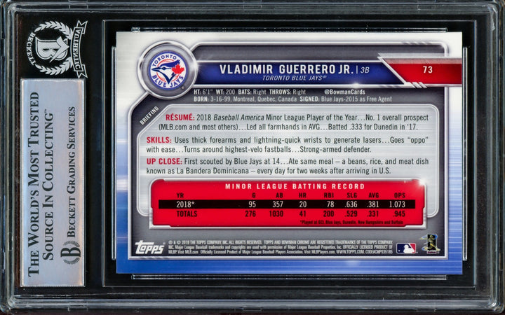 Vladimir Guerrero Jr. Signed 2019 Bowman Chrome RC 73 Toronto Blue Jays Beckett