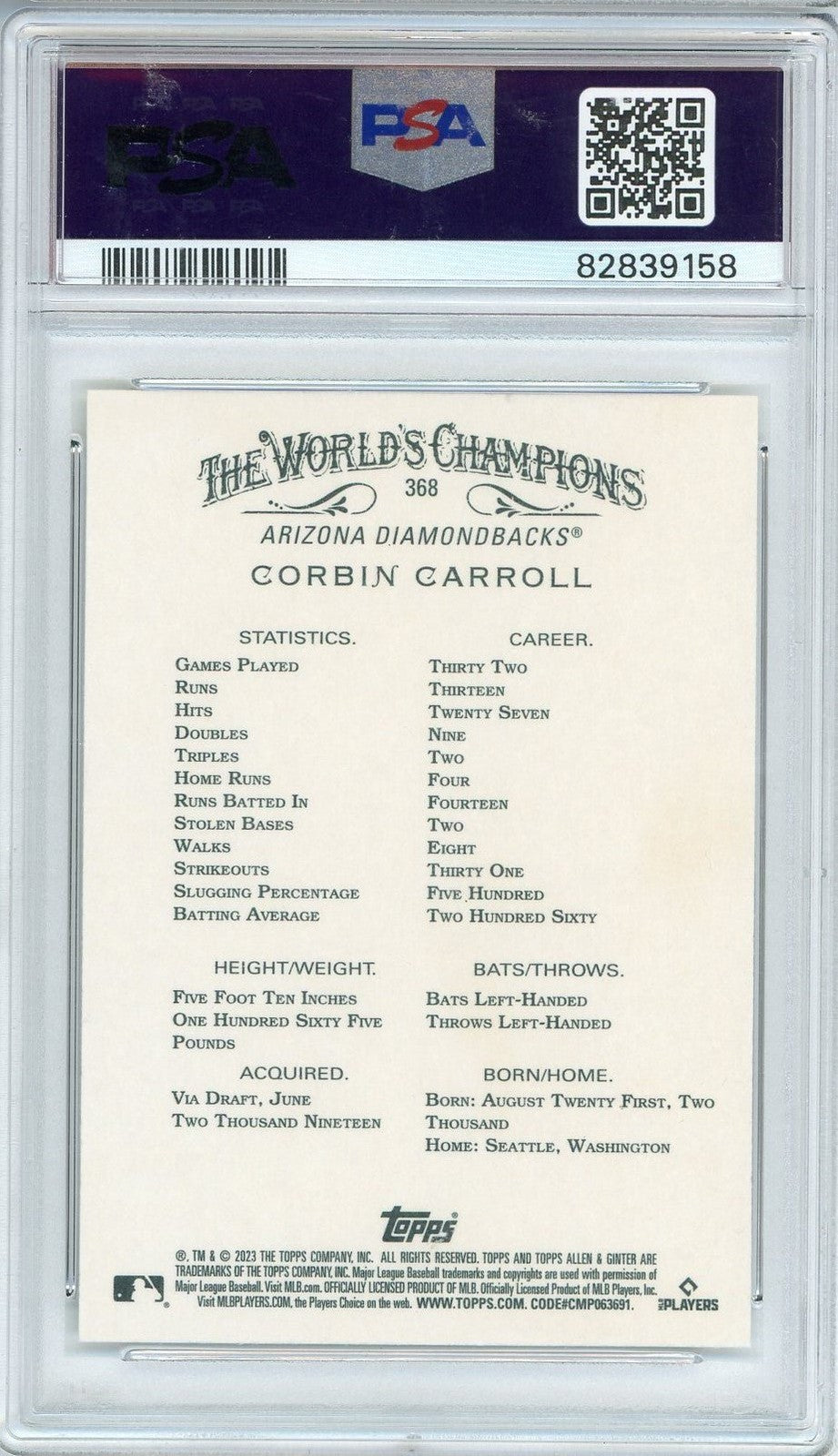 Graded 2023 Allen & Ginter Corbin Carroll #368 Rookie RC Card PSA 10