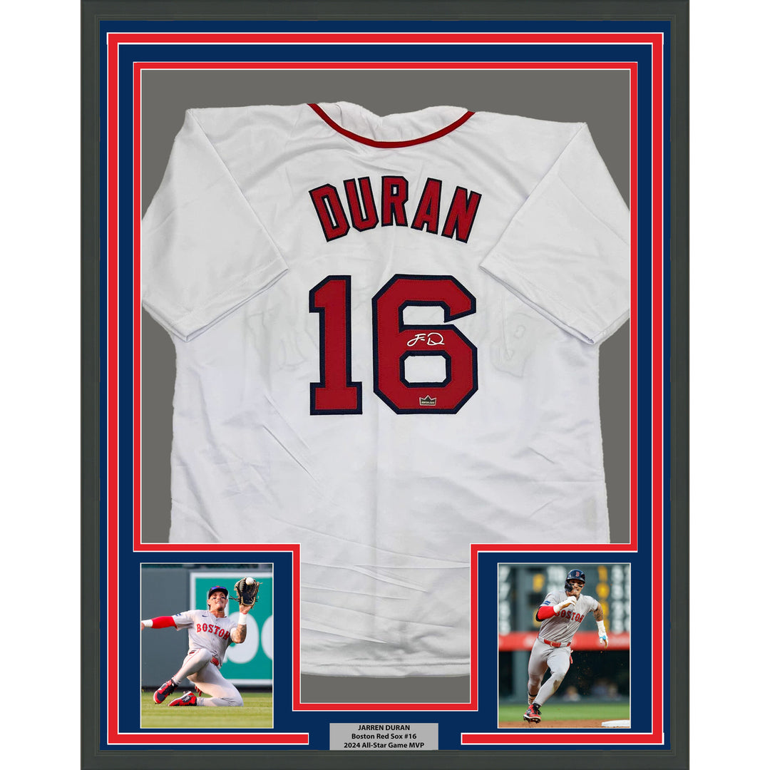 Framed Facsimile Autographed Jarren Duran 35x39 Boston White Reprint Jersey