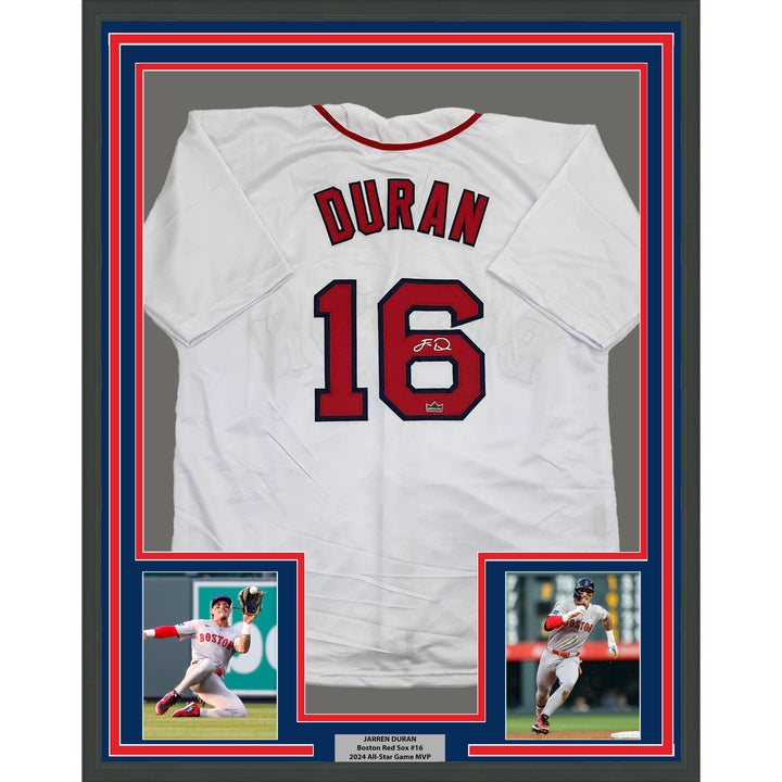 Framed Facsimile Autographed Jarren Duran 35x39 Boston White Reprint Jersey