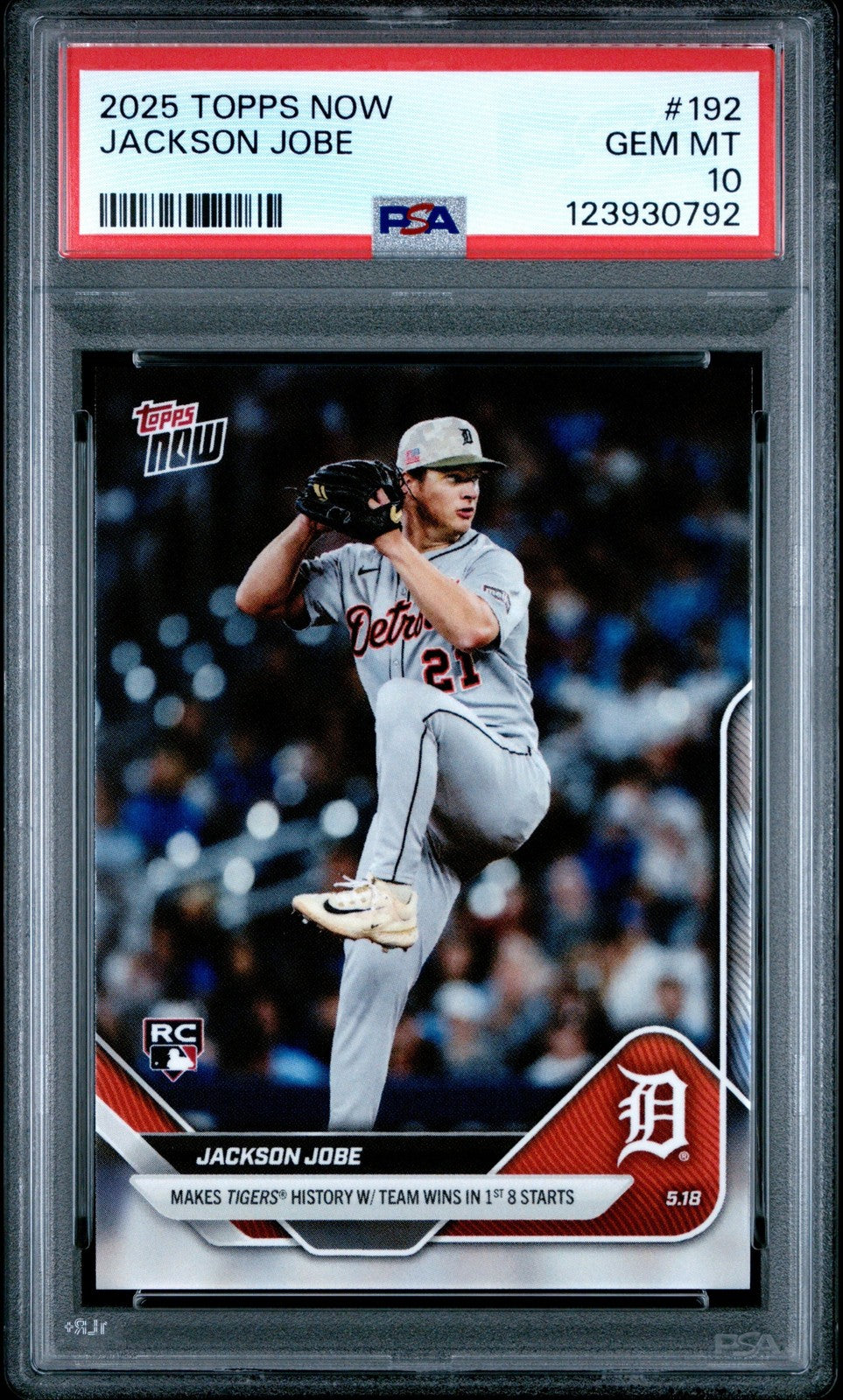Graded 2025 Topps Now Jackson Jobe #192 Rookie RC Card PSA 10 Gem Mint