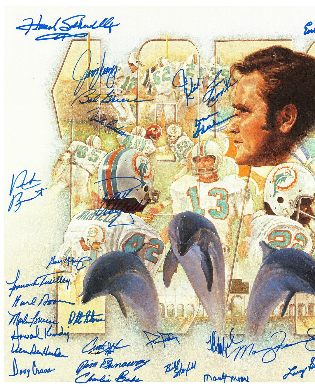 1972 Dolphins Perfect Season Team Auto Lithograph 40 Sigs Shula, Griese Fanatics
