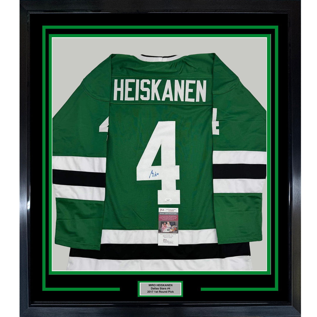 Framed Autographed/Signed Miro Heiskanen 35x39 Dallas Green Retro Jersey JSA COA