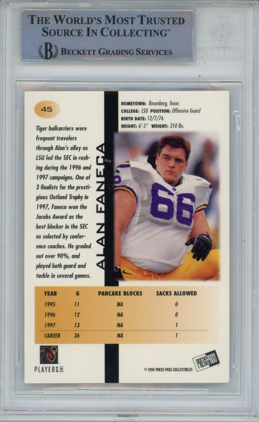 Alan Faneca Autographed 1998 Press Pass #45 Trading Card Beckett Slab 42913