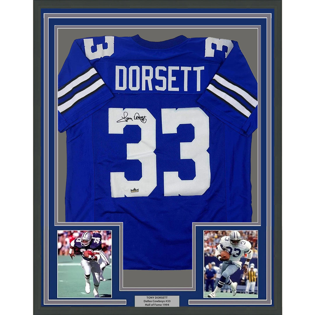 Framed Facsimile Autographed Tony Dorsett 35x39 Dallas Blue Reprint Jersey