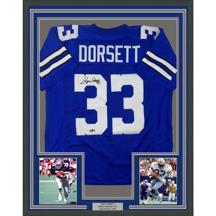 Framed Facsimile Autographed Tony Dorsett 35x39 Dallas Blue Reprint Jersey