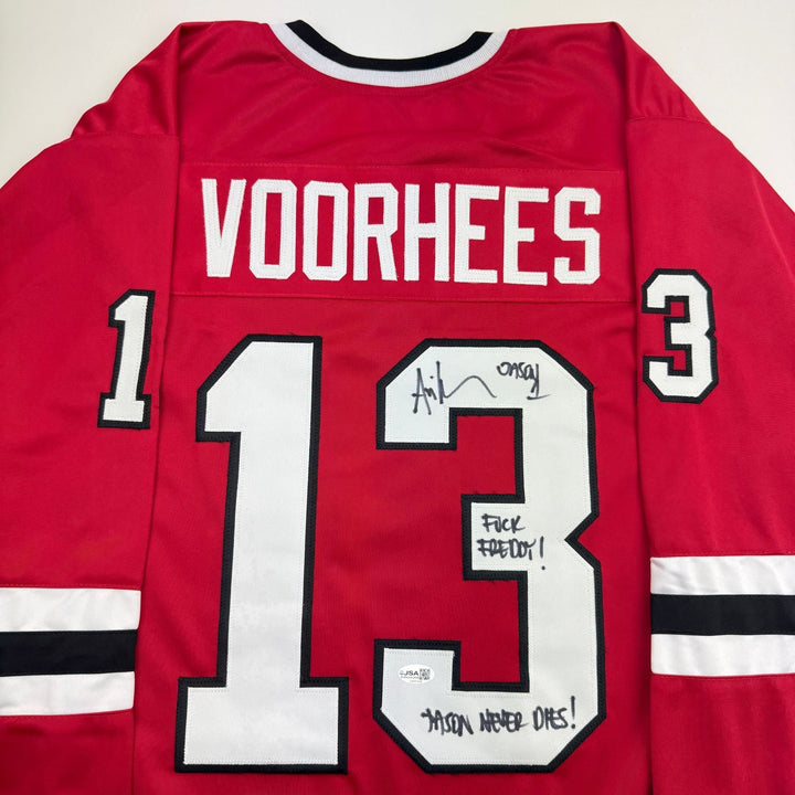 Autographed/Signed Ari Lehman Jason Voorhees Friday The 13th Red Jersey JSA COA