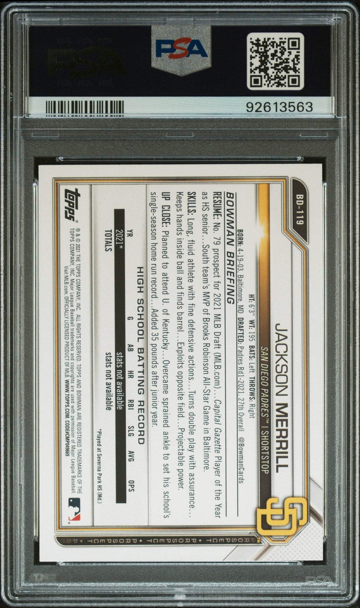Graded 2021 Topps Bowman Draft Jackson Merrill #BD119 RC Baseball Card PSA 10