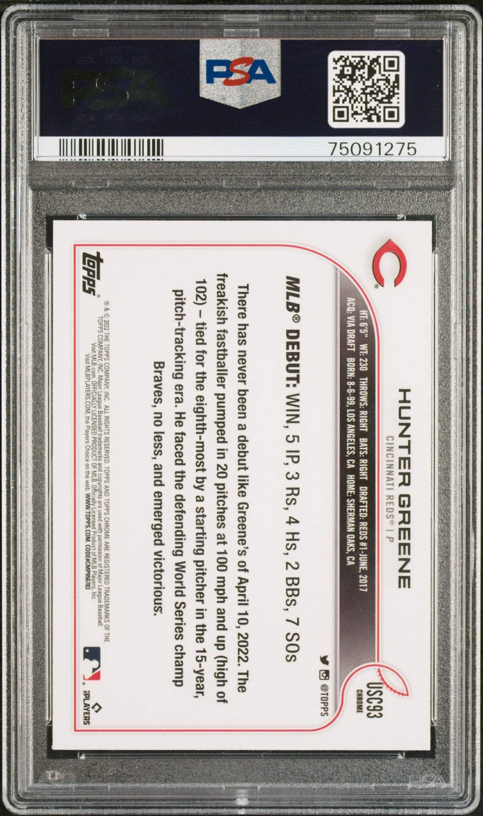 Graded 2022 Topps Chrome Update Hunter Greene #USC93 Rookie Baseball Card PSA 10