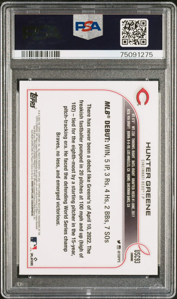 Graded 2022 Topps Chrome Update Hunter Greene #USC93 Rookie Baseball Card PSA 10