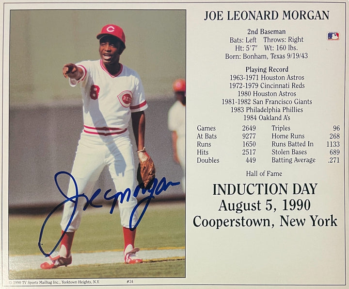 Joe Morgan signed Cincinnati Reds Hall of Fame Induction 8x10 Photo/Card - COA
