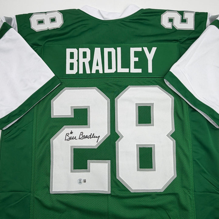 Autographed/Signed Bill Bradley Philadelphia Kelly Green Jersey Beckett BAS COA