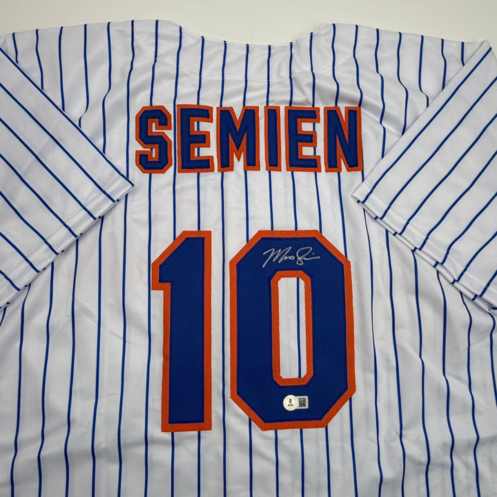 Autographed/Signed Marcus Semien New York Pinstripe Baseball Jersey Beckett COA