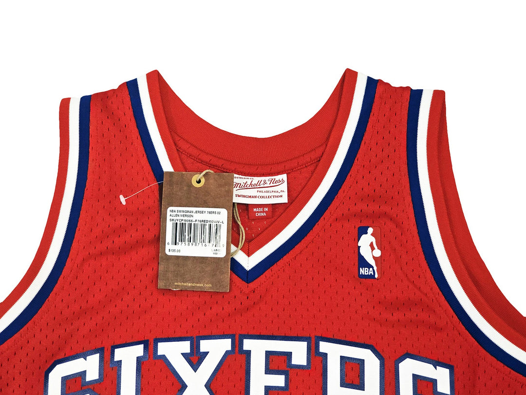 76ers Allen Iverson Auto Red Auth Mitchell Ness 02-03 HWC Swingman Jersey L BAS
