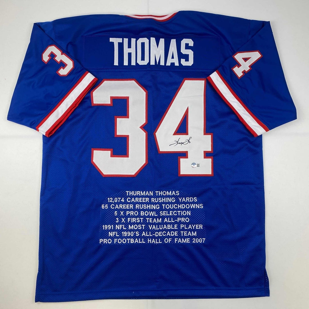 Autographed/Signed Thurman Thomas Buffalo Blue Stat Jersey Beckett BAS COA