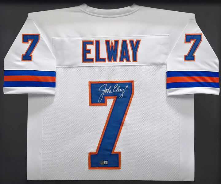 Denver Broncos John Elway Signed Framed White Jersey Beckett BAS Witness